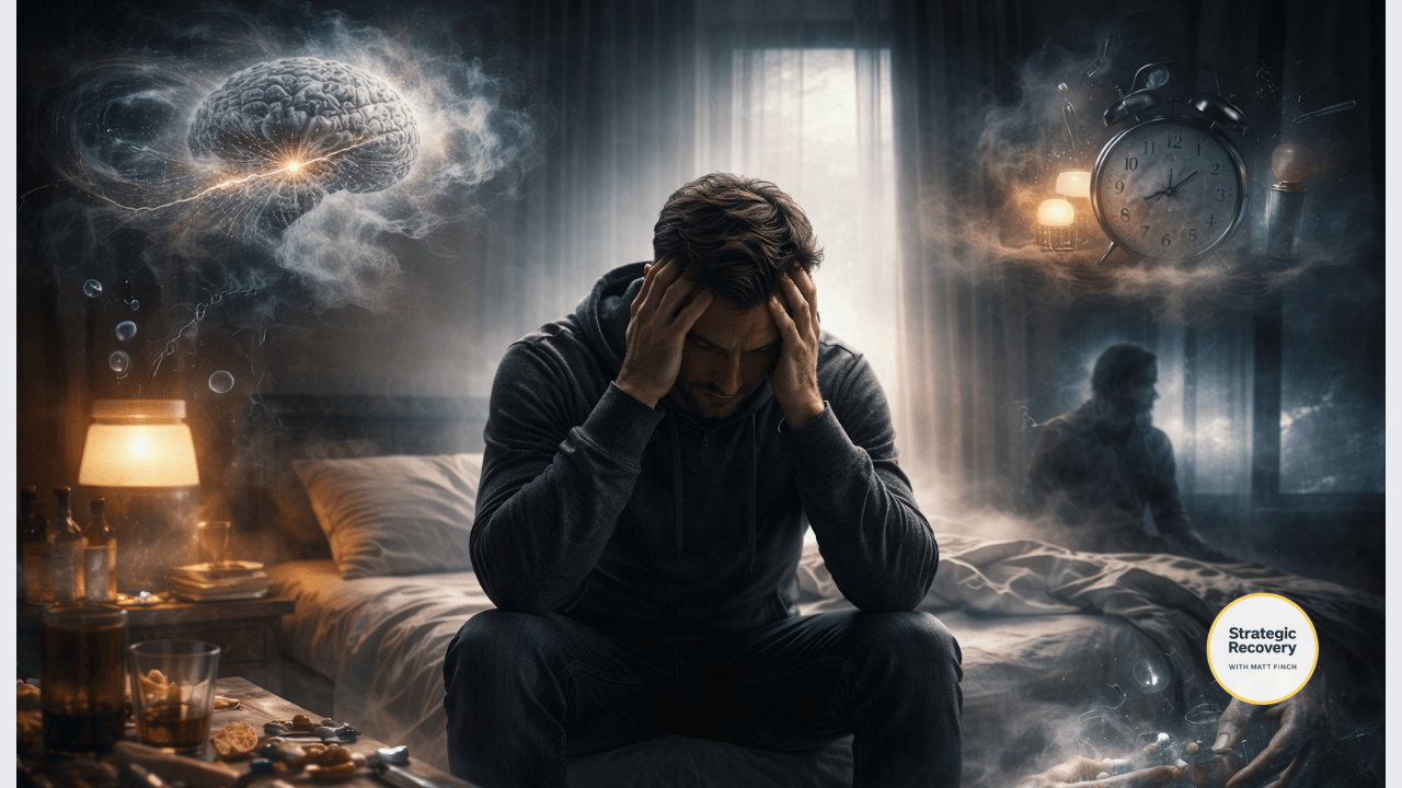 A person sitting on a bed surrounded by symbolic imagery of brain fog, emotional distress, sleep disruption, cravings, and numbness, representing the constellation of post-acute withdrawal syndrome symptoms during neurological healing.