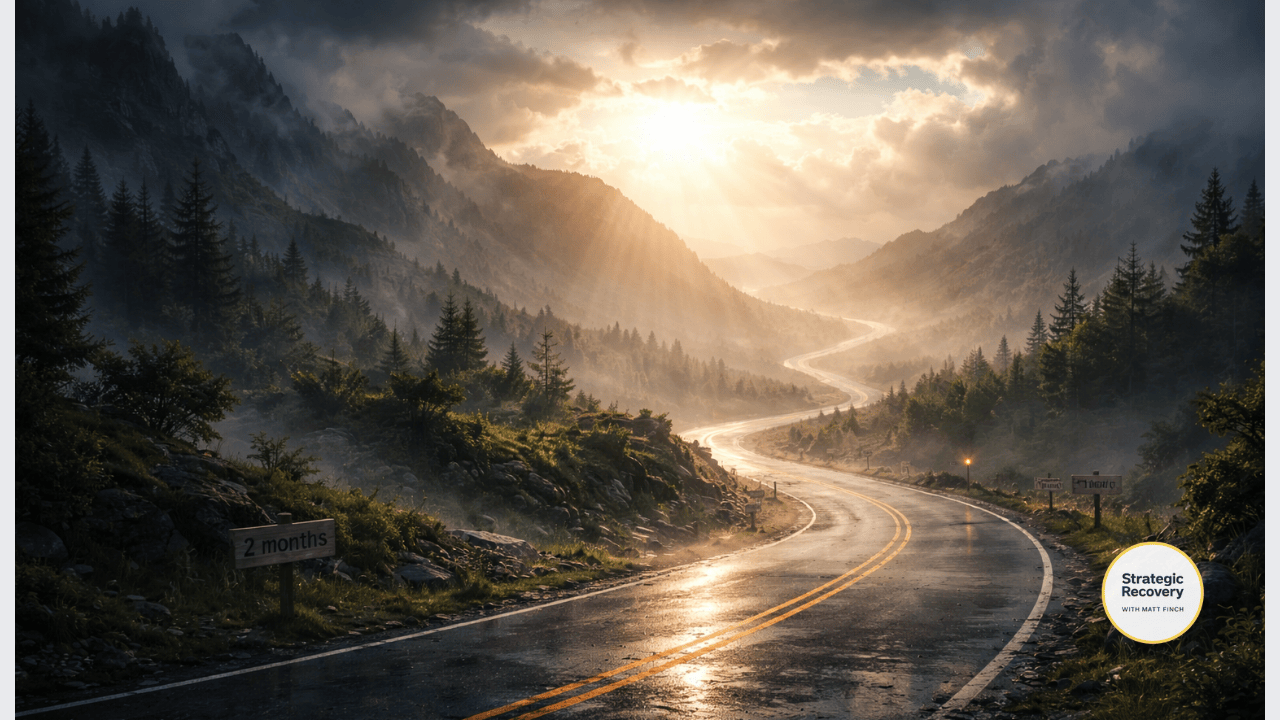 A winding mountain road after rainfall leading toward sunlight at dawn, symbolizing the nonlinear timeline of post-acute withdrawal syndrome and gradual neurological healing.