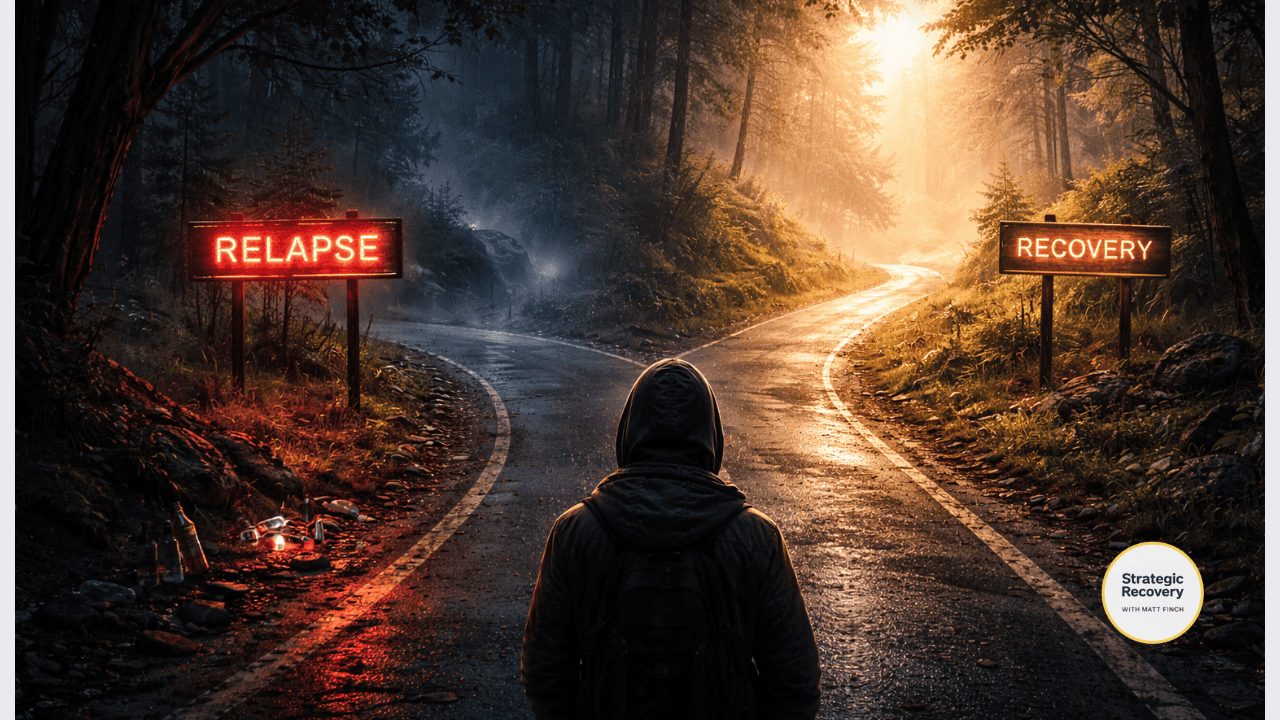A solitary figure standing at a forked forest road, with one path dark and chaotic and the other softly illuminated, symbolizing the critical distinction between post-acute withdrawal symptoms and relapse during addiction recovery.
