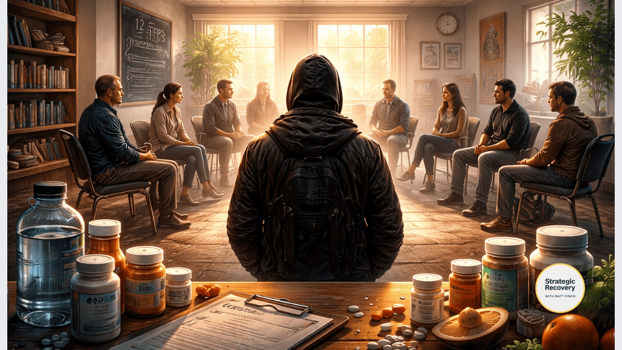 A person standing at the center of a recovery group meeting, with therapy chairs, medication bottles, and wellness tools surrounding the scene, symbolizing how traditional rehab and 12-step models often emphasize psychology and abstinence while missing biological and nervous system healing during PAWS.