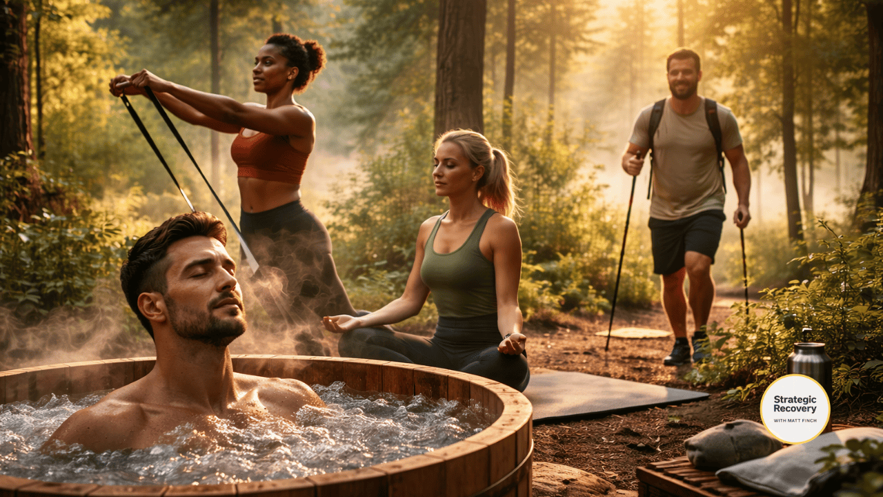 A cinematic outdoor scene representing physical hormesis during PAWS, showing calm, gentle movement and recovery-focused training that supports nervous system regulation and restores trust in the body.