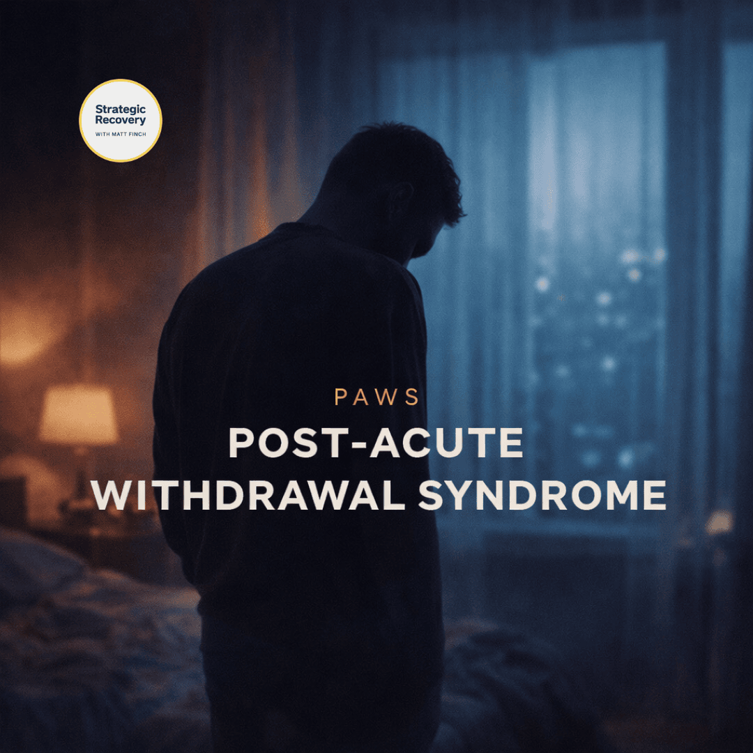 Silhouetted man in a dim bedroom with cool blue window light and warm lamp glow, symbolizing the PAWS crash phase and neurological recalibration during recovery.