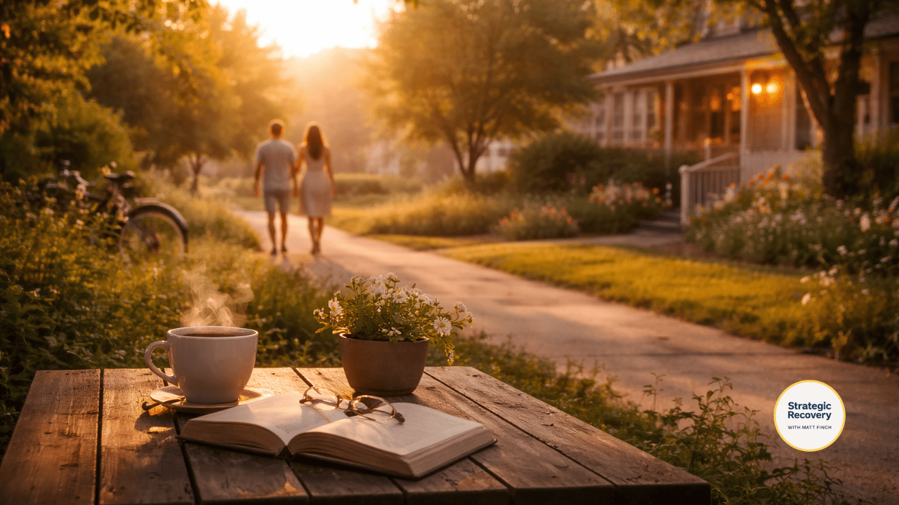 A serene golden-hour scene with a quiet table holding a book and coffee in the foreground while a couple walks peacefully down a tree-lined path, symbolizing recovery fading into the background as life returns to the foreground.