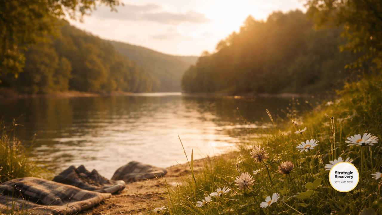 Serene lakeside at golden hour with wildflowers in the foreground and a calm shoreline, symbolizing regulation-based pleasure, quiet contentment, and nervous system stability after PAWS.