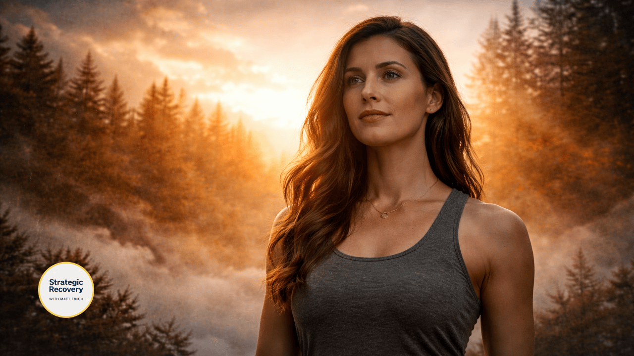 Calm athletic woman standing in a misty forest at sunrise, bathed in warm golden light, conveying regulation, inner stability, and self-trust.