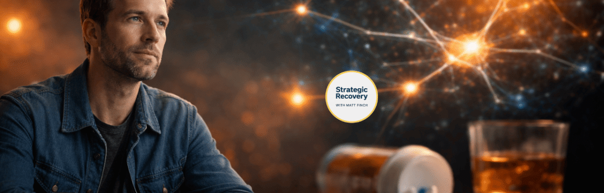 Cinematic image of a man in recovery sitting at a table with alcohol and pills in front of him, neural network glowing in the background, symbolizing neurodiversity, addiction as nervous system regulation, and recovery recalibration.