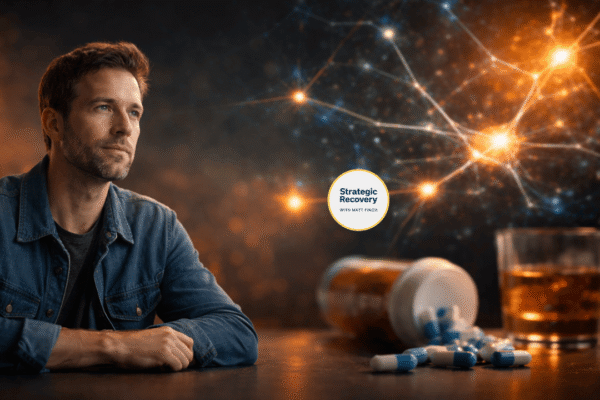 Cinematic image of a man in recovery sitting at a table with alcohol and pills in front of him, neural network glowing in the background, symbolizing neurodiversity, addiction as nervous system regulation, and recovery recalibration.