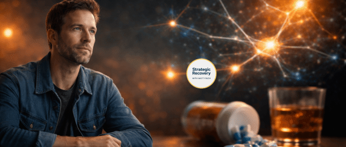 Cinematic image of a man in recovery sitting at a table with alcohol and pills in front of him, neural network glowing in the background, symbolizing neurodiversity, addiction as nervous system regulation, and recovery recalibration.