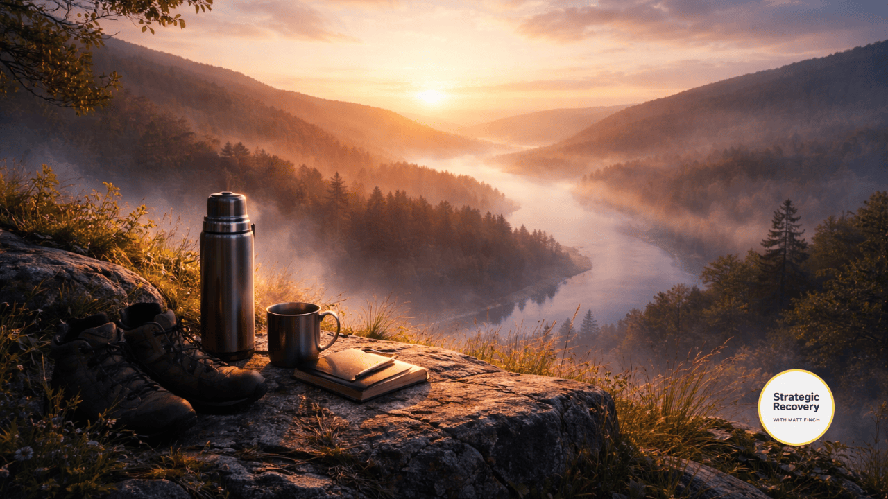 Cinematic sunrise over a mist-filled river valley viewed from a mountain cliff, with hiking boots, thermos, mug, and journal resting in golden morning light, symbolizing reflection, regulation, and regained sovereignty in addiction recovery.