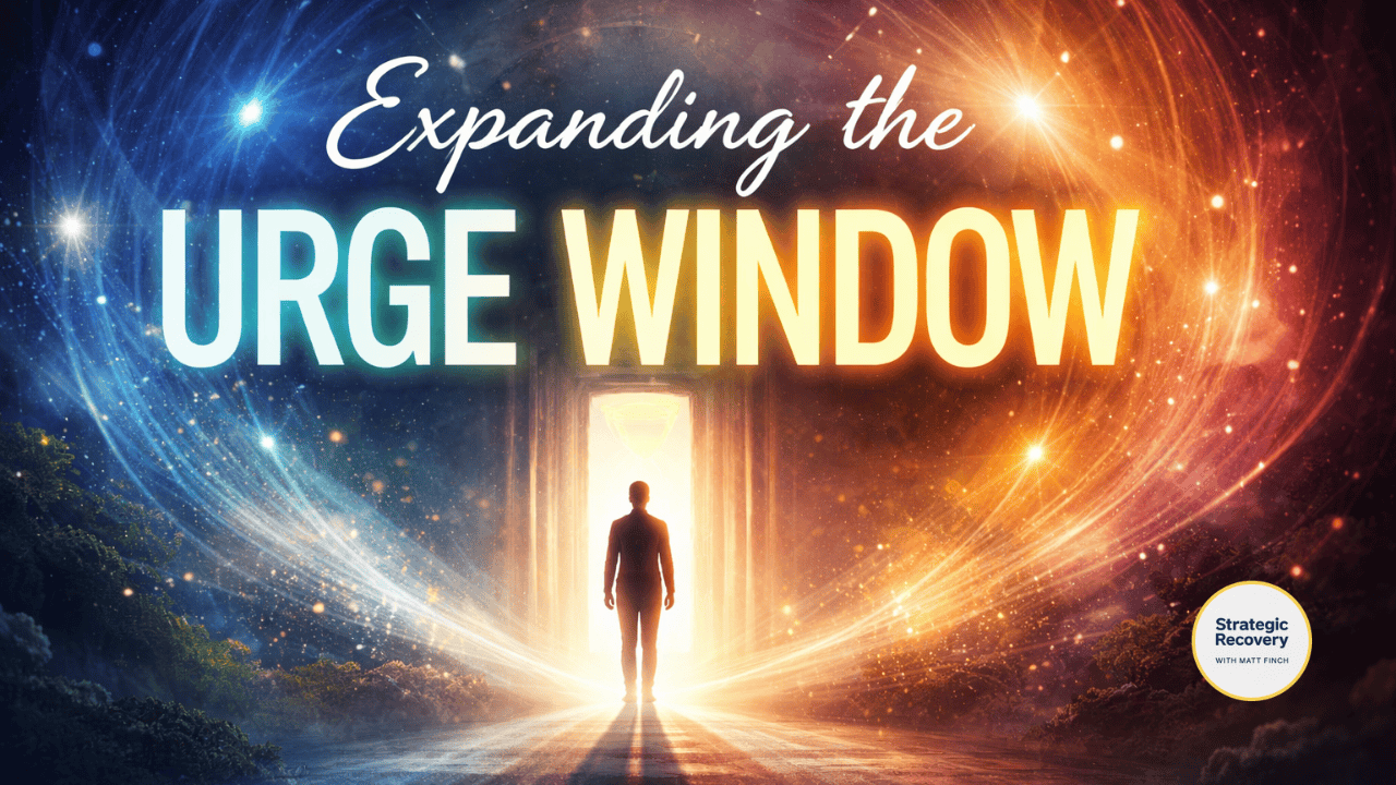 Cinematic illustration of a silhouetted figure walking toward a glowing doorway surrounded by swirling blue and gold light, symbolizing the expansion of the Urge Window and mastery over impulsivity in addiction recovery.