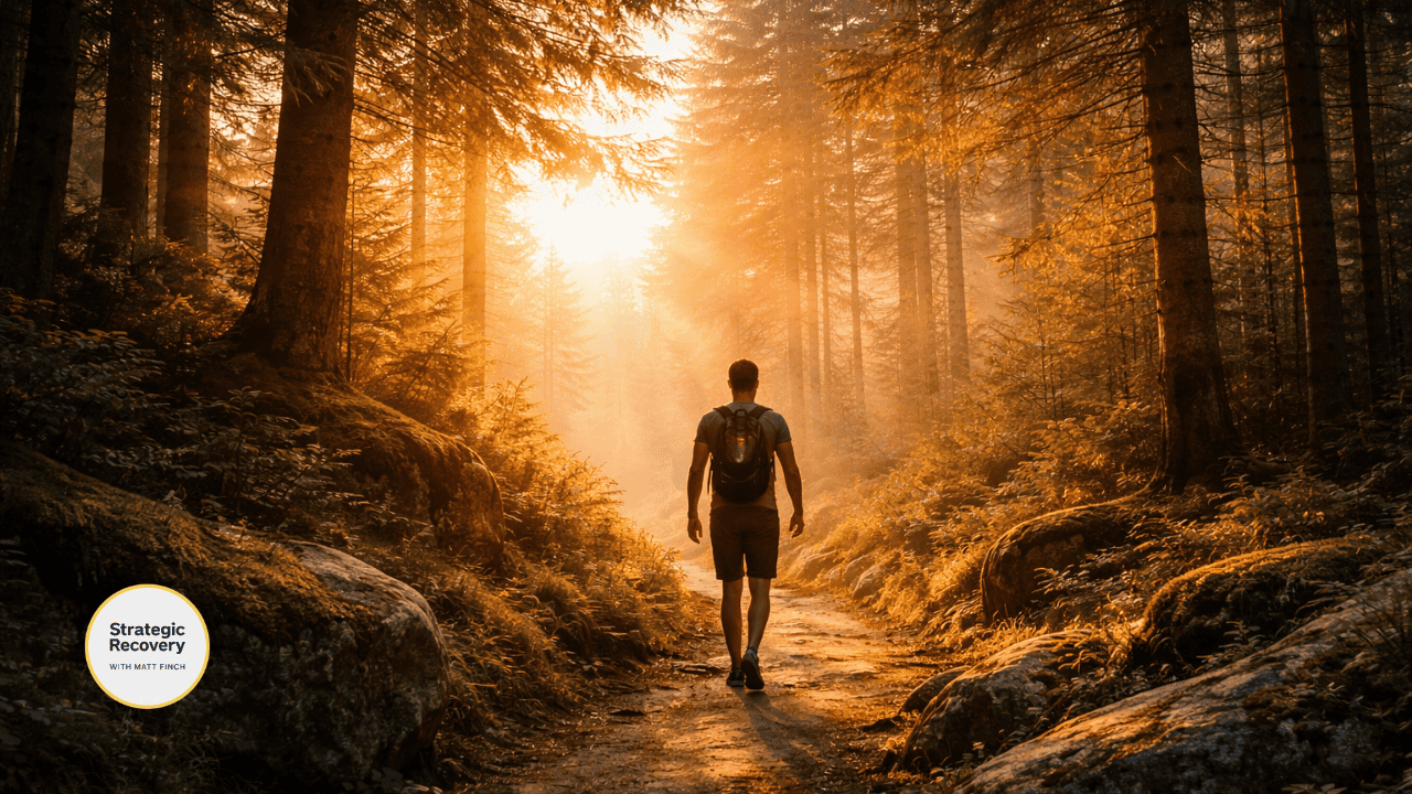 Man walking alone along a forest trail at sunrise, golden light streaming through tall trees and illuminating mist, symbolizing self-trust, steady progress, and quiet inner strength in addiction recovery.