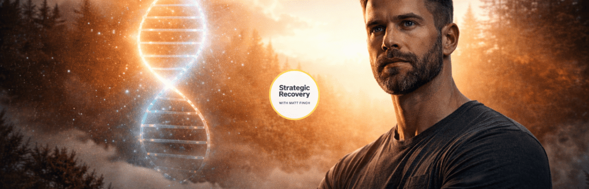 Cinematic portrait of a calm, focused man at sunrise with a glowing DNA helix rising behind him, symbolizing nervous system regulation, identity transformation, and rebuilding self-trust in addiction recovery.