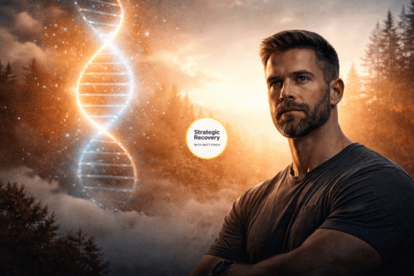 Cinematic portrait of a calm, focused man at sunrise with a glowing DNA helix rising behind him, symbolizing nervous system regulation, identity transformation, and rebuilding self-trust in addiction recovery.