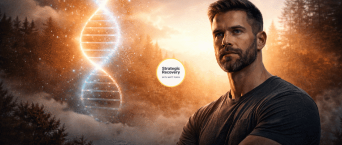 Cinematic portrait of a calm, focused man at sunrise with a glowing DNA helix rising behind him, symbolizing nervous system regulation, identity transformation, and rebuilding self-trust in addiction recovery.