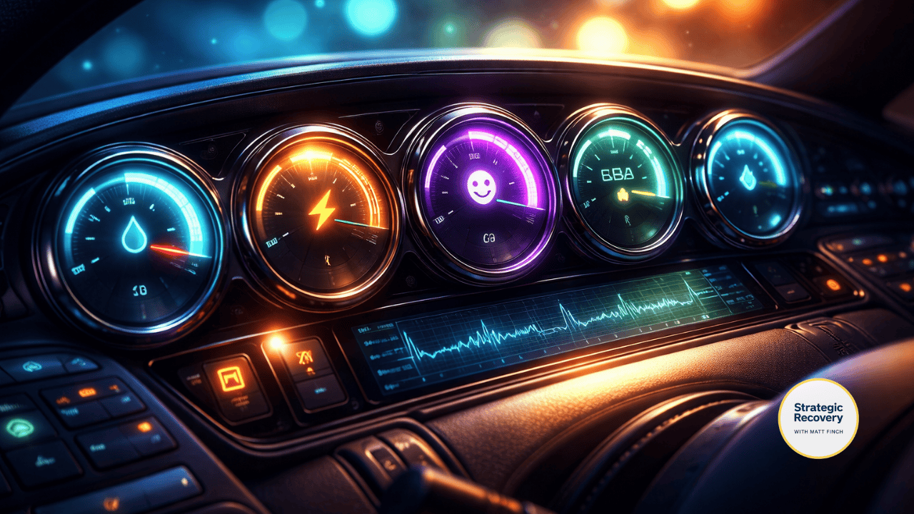 Cinematic glowing dashboard with five illuminated gauges symbolizing biochemical recovery tanks including blood sugar, dopamine, serotonin, GABA, and endorphins.