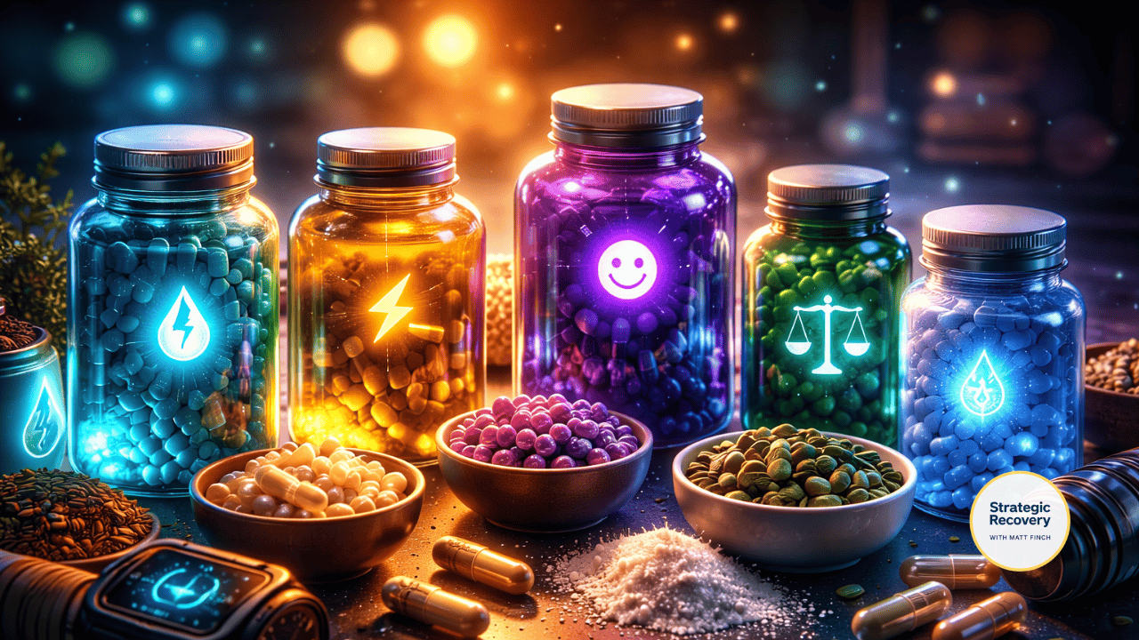 Cinematic futuristic arrangement of glowing supplement bottles and natural compounds symbolizing biochemical regulation, energy balance, mood stability, and nervous system optimization in addiction recovery.