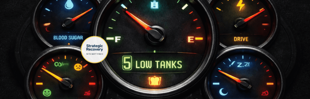 Cinematic dashboard with five low gauges representing blood sugar, drive, serotonin, GABA, and endorphins depletion in addiction recovery.