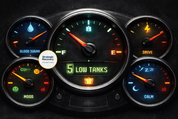 Cinematic dashboard with five low gauges representing blood sugar, drive, serotonin, GABA, and endorphins depletion in addiction recovery.