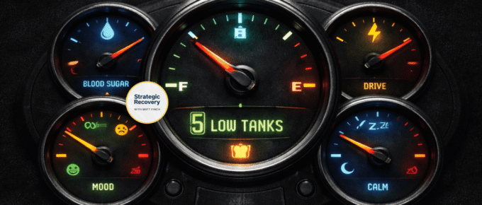 Cinematic dashboard with five low gauges representing blood sugar, drive, serotonin, GABA, and endorphins depletion in addiction recovery.