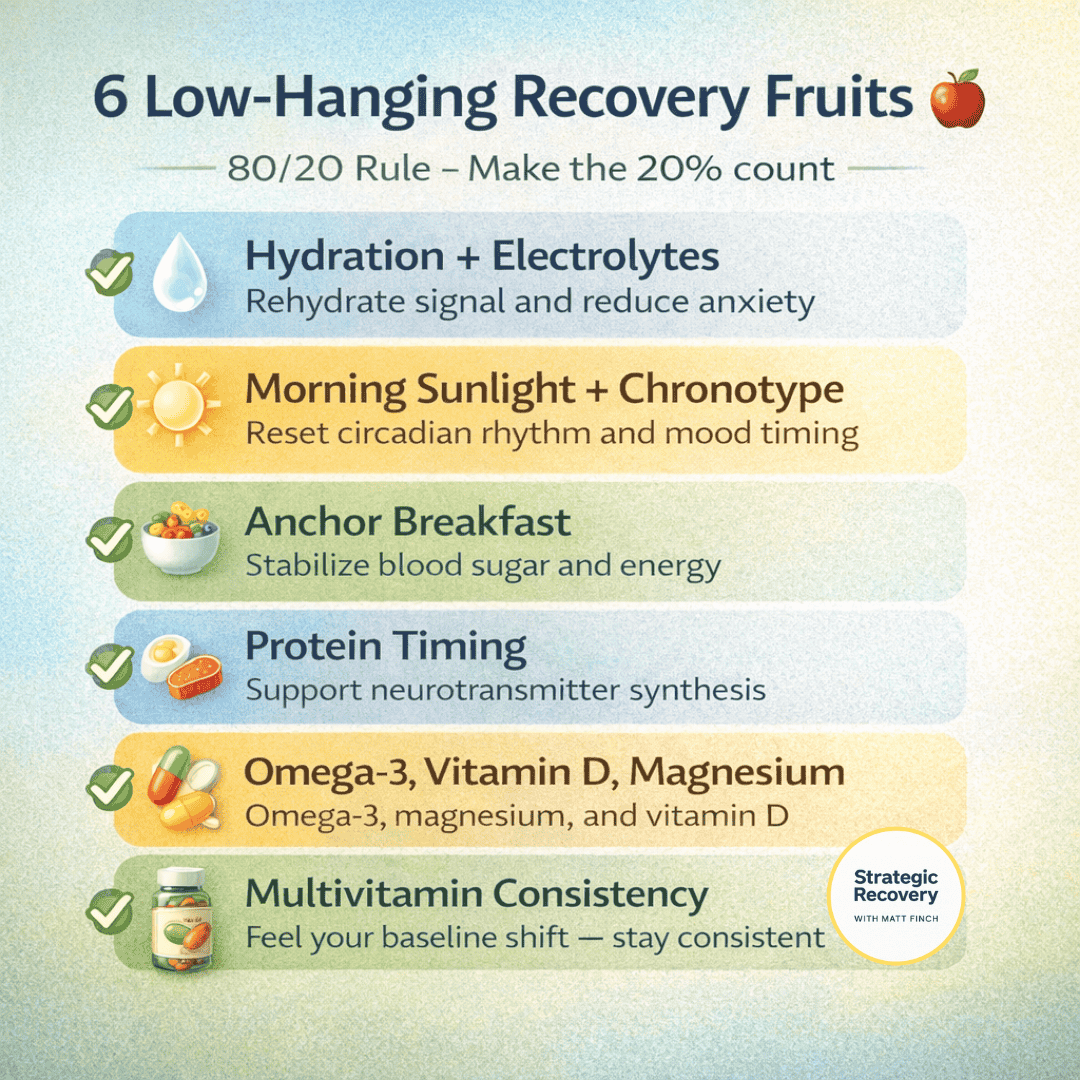 Minimal, high-contrast infographic titled '6 Low-Hanging Recovery Fruits' with six items: 80/20 rule, hydration + electrolytes, morning sunlight + chronotype, anchor breakfast, protein timing, omega-3/vitamin D/magnesium, and multivitamin consistency.