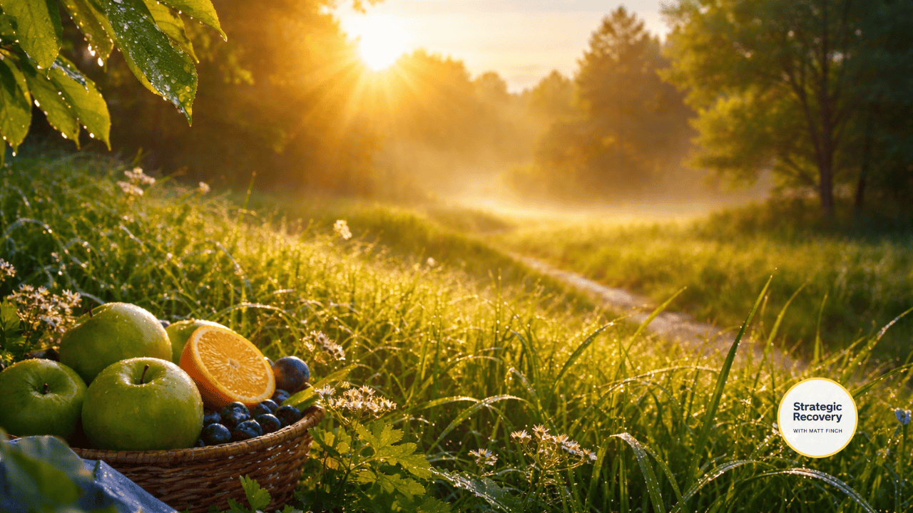 Golden sunrise over a dewy meadow path with fresh fruit in the foreground, symbolizing nourishment, stability, and foundational recovery habits.