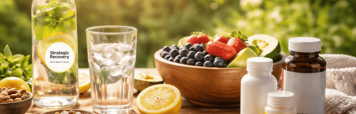 Cinematic morning wellness scene with lemon water, hydration glass, omega-3 capsules, magnesium supplements, fresh fruit, and warm sunrise light symbolizing foundational biochemical stability in addiction recovery.