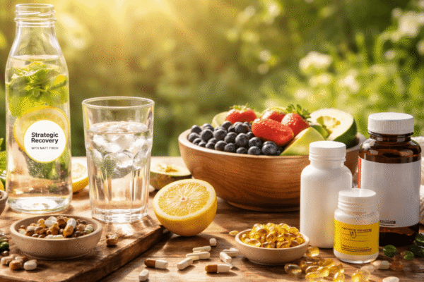 Cinematic morning wellness scene with lemon water, hydration glass, omega-3 capsules, magnesium supplements, fresh fruit, and warm sunrise light symbolizing foundational biochemical stability in addiction recovery.