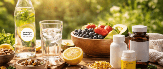 Cinematic morning wellness scene with lemon water, hydration glass, omega-3 capsules, magnesium supplements, fresh fruit, and warm sunrise light symbolizing foundational biochemical stability in addiction recovery.