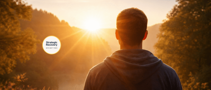 Man standing outdoors at sunrise receiving morning sunlight, symbolizing circadian rhythm repair and natural dopamine regulation in addiction recovery.