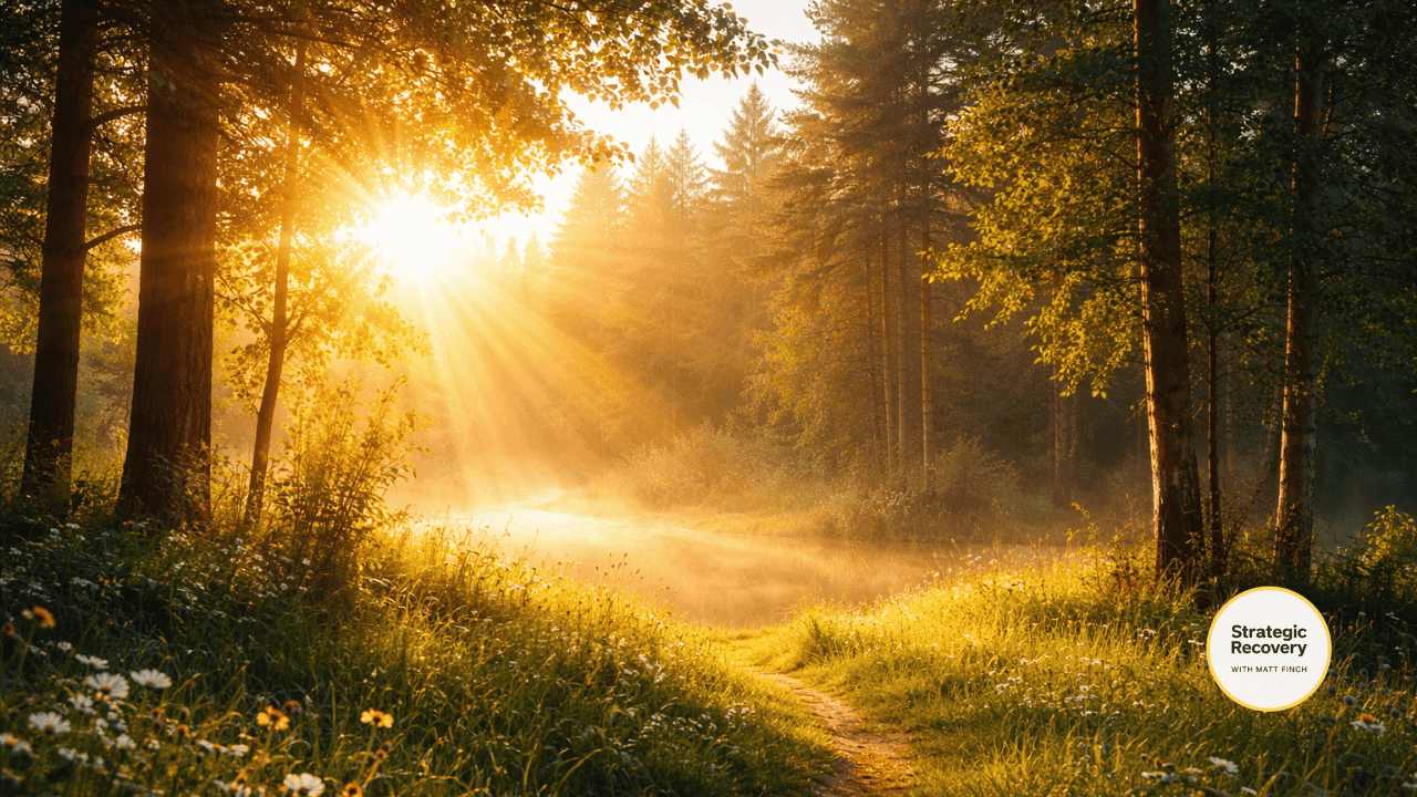 Golden morning sunlight filtering through forest trees, illuminating a quiet path and misty pond to symbolize circadian rhythm restoration and natural recovery regulation.