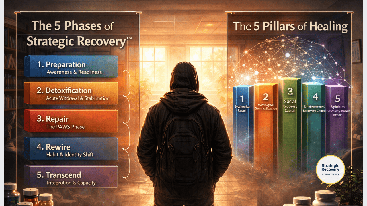 A person standing between two illuminated visual frameworks showing the five phases of Strategic Recovery and the five pillars of healing, symbolizing how PAWS fits into a structured, multi-layered recovery process.