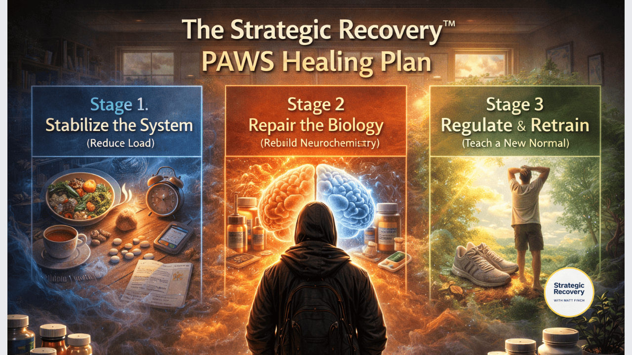 A person standing before three illuminated panels representing the Strategic Recovery PAWS Healing Plan: stabilizing the nervous system, repairing brain and body biology, and regulating and retraining toward a new normal.