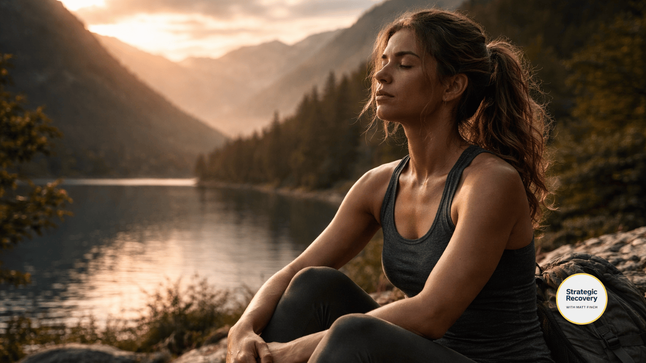 Cinematic image of a woman resting by a mountain lake at sunset, eyes closed and breathing calmly, symbolizing nervous system healing, restoration, and return to self during PAWS.