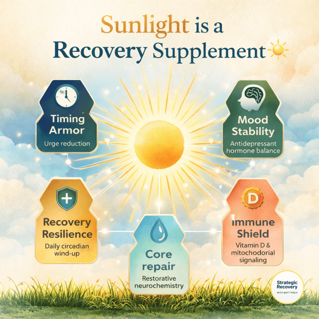 Elite infographic with radiant sunrise illustrating sunlight as a recovery supplement and key benefits for addiction recovery including circadian rhythm support, mood stability, and resilience.