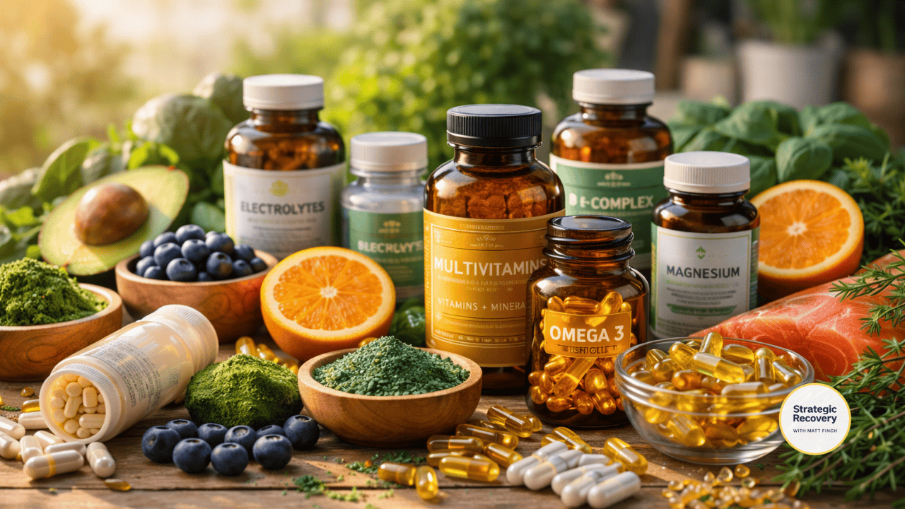 A cinematic still-life of nutritional supplements and whole foods used for PAWS recovery, including labeled bottles of omega-3 fish oil, magnesium, amino acids, and vitamins alongside salmon, avocado, berries, and greens, symbolizing biochemical repair and nervous system healing.