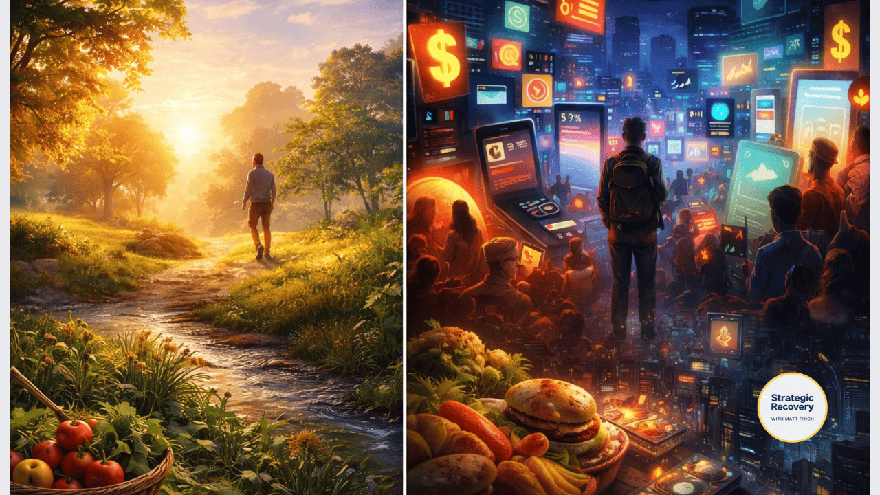 Split-screen cinematic image contrasting a calm natural environment that supports nervous system regulation on the left with a hyper-stimulating modern digital city that disrupts regulation during PAWS on the right.
