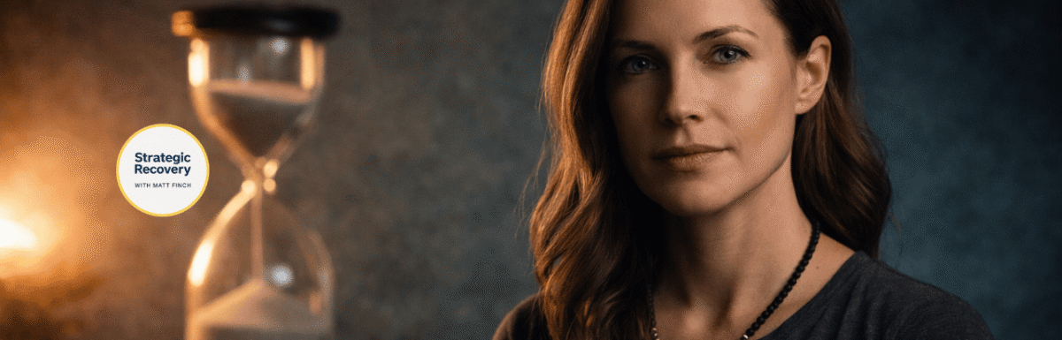 Cinematic portrait of a calm woman with a softly glowing hourglass centered in the background, symbolizing impulse control, time awareness, and emotional regulation in addiction recovery.