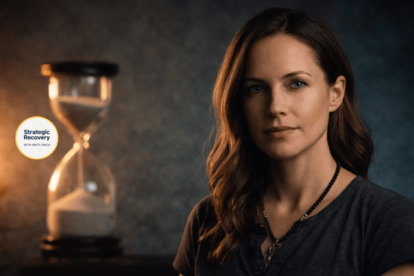 Cinematic portrait of a calm woman with a softly glowing hourglass centered in the background, symbolizing impulse control, time awareness, and emotional regulation in addiction recovery.
