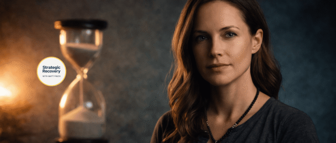 Cinematic portrait of a calm woman with a softly glowing hourglass centered in the background, symbolizing impulse control, time awareness, and emotional regulation in addiction recovery.