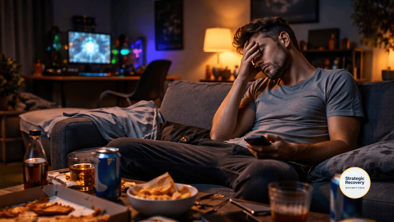 A fatigued man sitting late at night surrounded by glowing screens, junk food, and stimulants, symbolizing behaviors that prolong PAWS such as overstimulation, sleep deprivation, and dopamine overload.