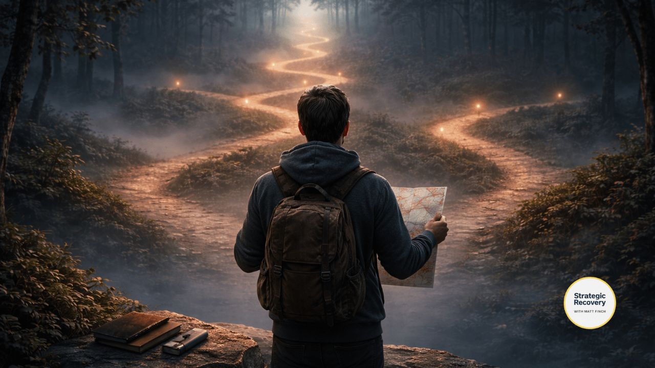 Man standing at a forest crossroads holding a map, facing multiple paths with one illuminated path ahead, symbolizing confusion and decision-making in addiction recovery