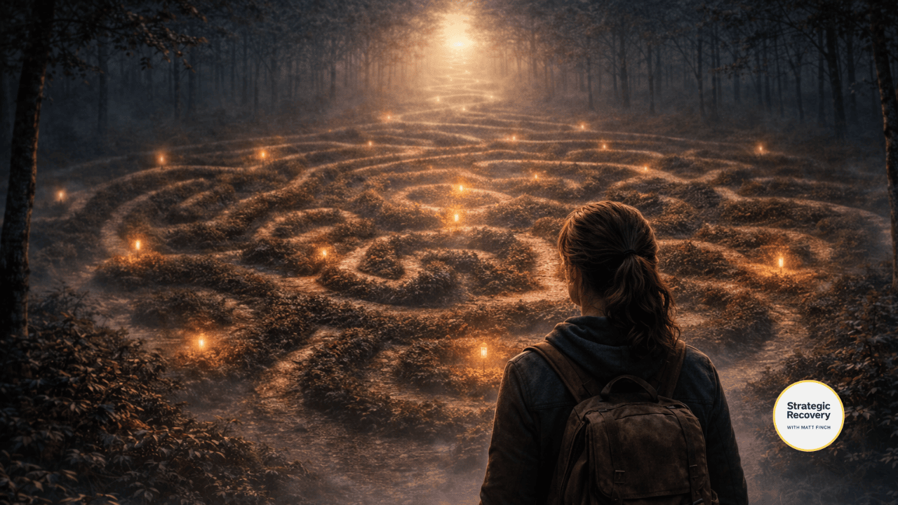 Woman standing at the edge of a complex glowing labyrinth in a misty forest at sunrise, symbolizing timing, confusion, and structured pathways in addiction recovery