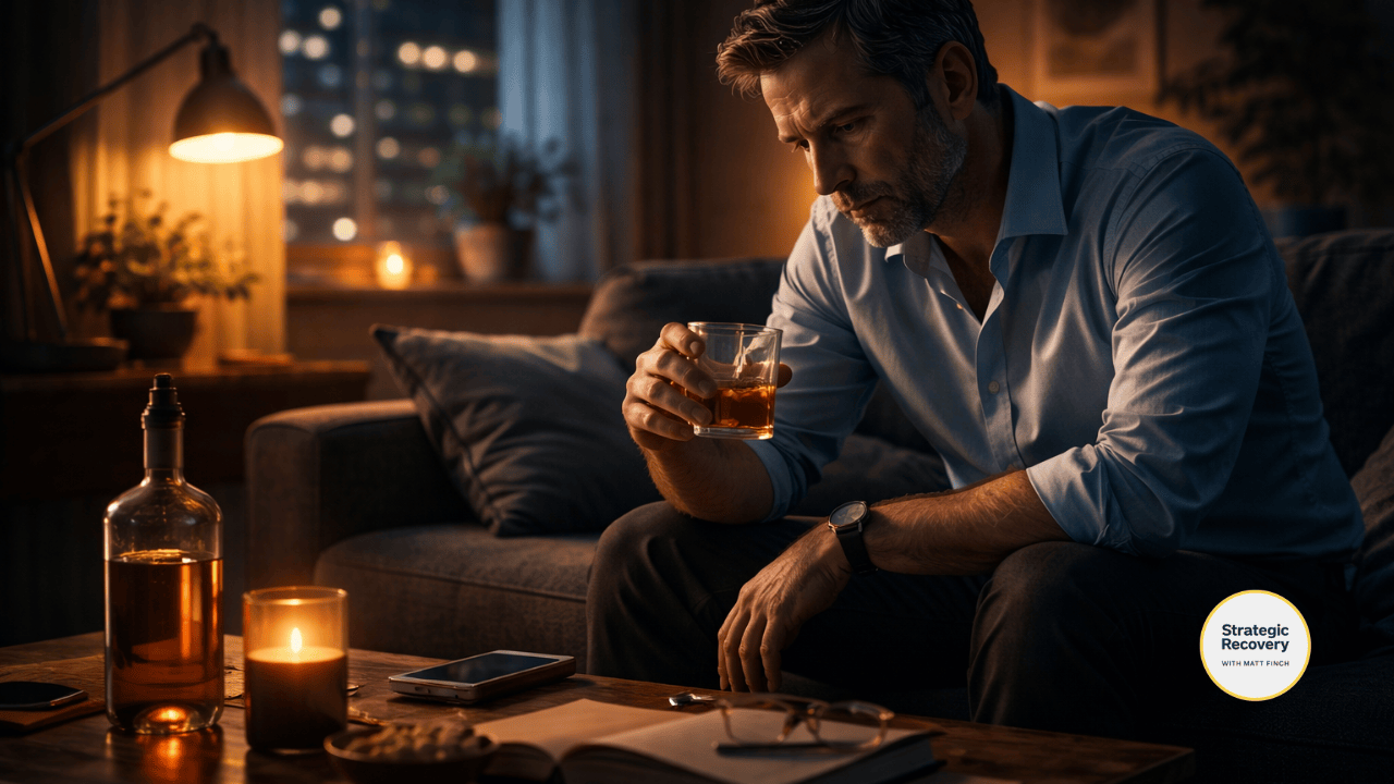 Middle-aged man sitting alone at night holding a glass of whiskey in a dimly lit living room, appearing mentally fatigued and stressed, representing alcohol use for nervous system downregulation