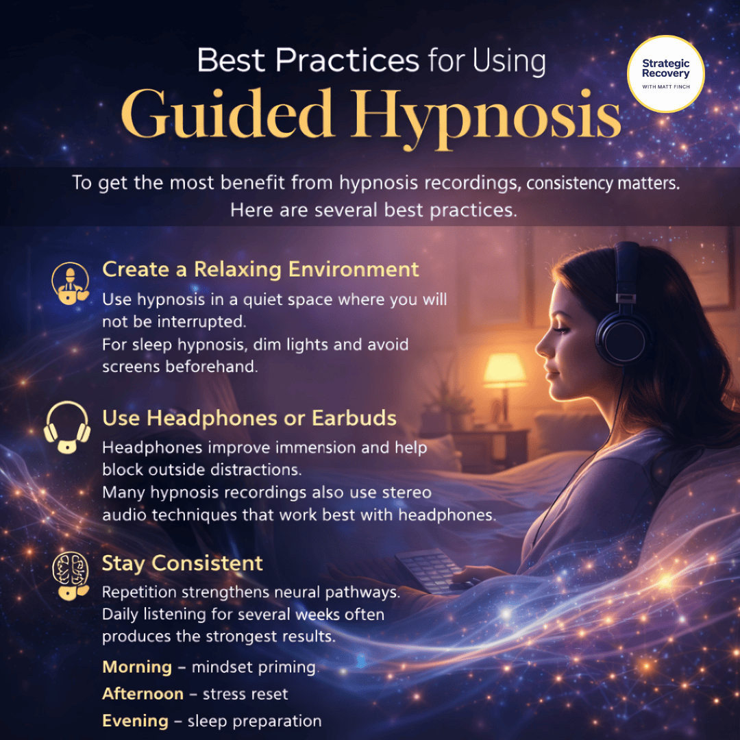 Infographic showing best practices for using guided hypnosis in addiction recovery, including creating a relaxing environment, using headphones, staying consistent, and choosing strategic listening times.