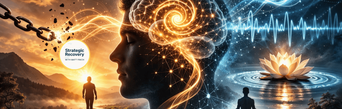 Hypnosis for addiction recovery illustration showing subconscious mind rewiring, neural brain activity, and a person overcoming addiction and walking toward a sunrise representing relapse prevention and healing.