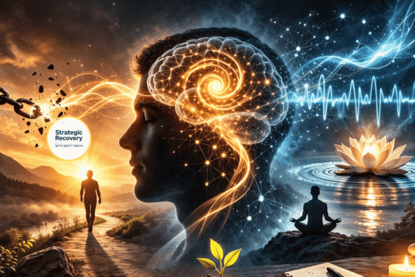 Hypnosis for addiction recovery illustration showing subconscious mind rewiring, neural brain activity, and a person overcoming addiction and walking toward a sunrise representing relapse prevention and healing.