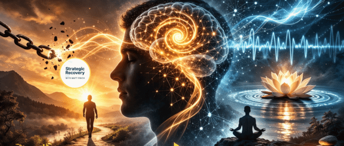 Hypnosis for addiction recovery illustration showing subconscious mind rewiring, neural brain activity, and a person overcoming addiction and walking toward a sunrise representing relapse prevention and healing.