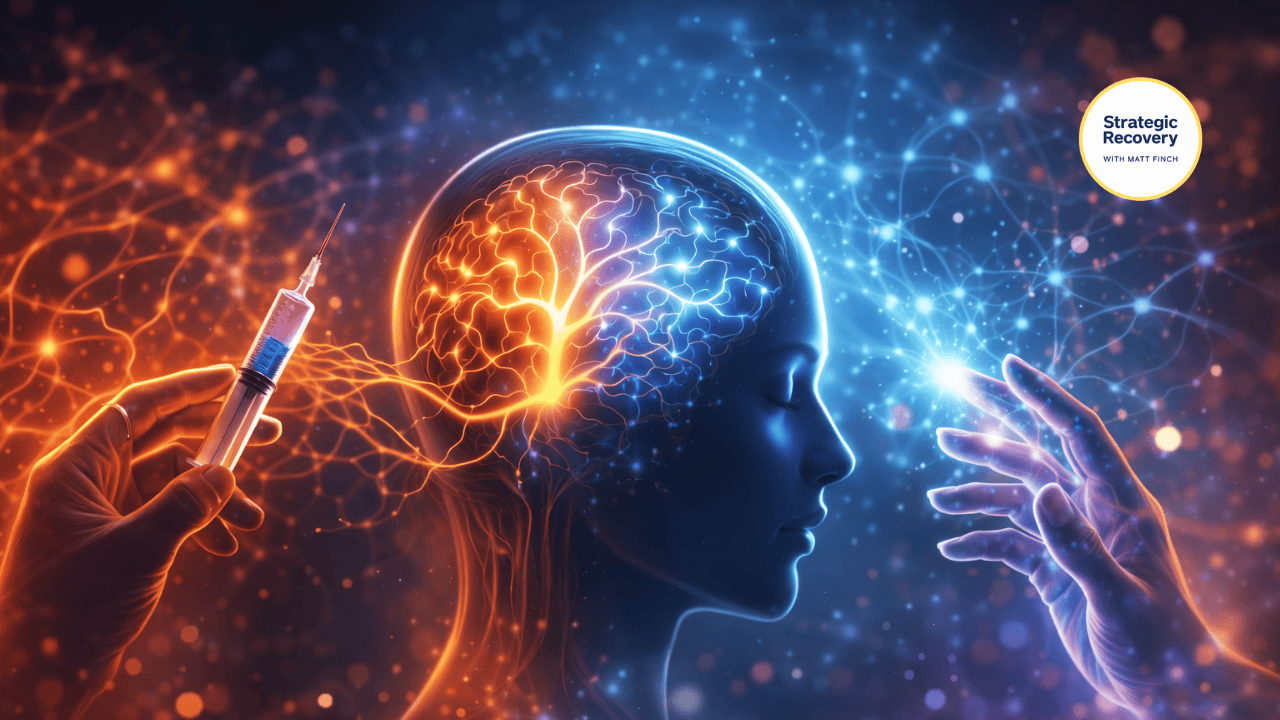 Illustration of hypnosis supporting addiction recovery by rewiring neural pathways in the brain, symbolizing neuroplasticity and subconscious behavior change.