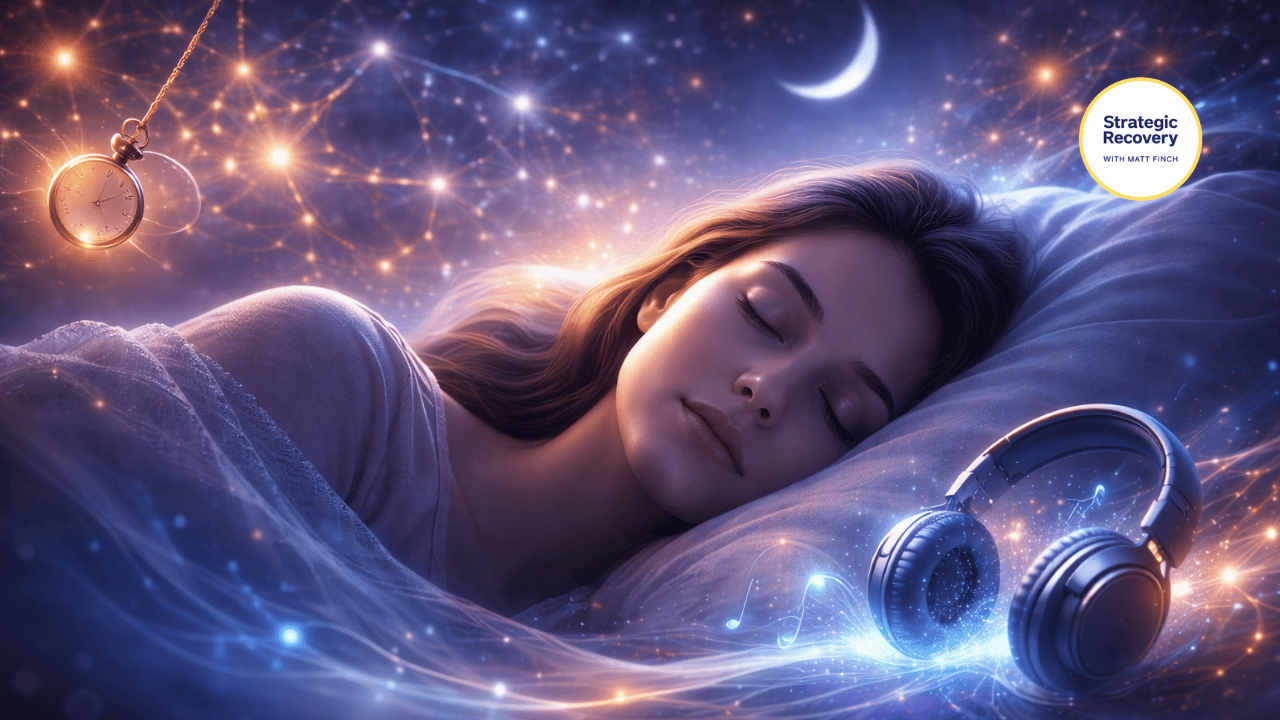 Cinematic illustration of guided sleep hypnosis helping restore healthy sleep during addiction recovery, showing a peaceful sleeper with headphones and calming neural patterns symbolizing relaxation and brain conditioning.