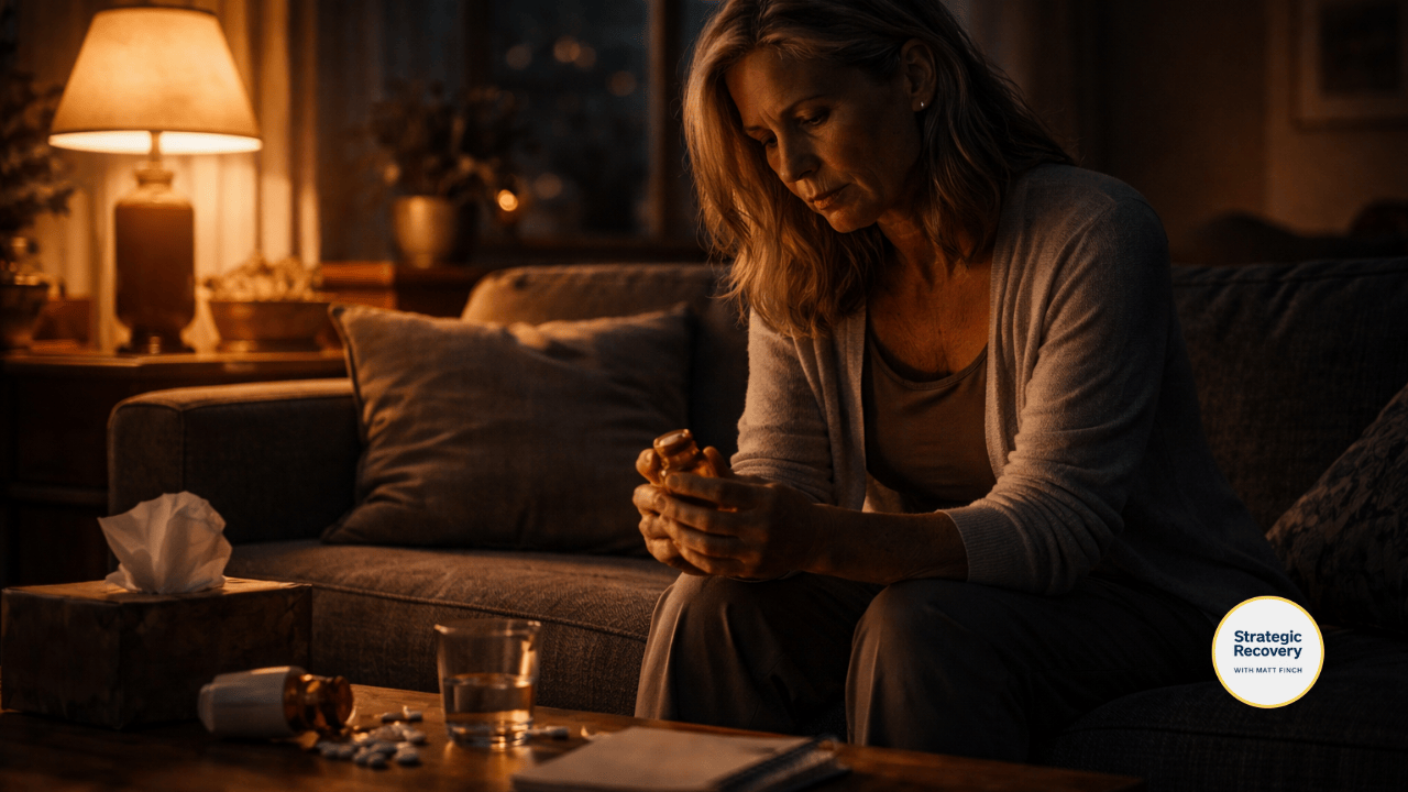 Middle-aged woman sitting alone at night in a softly lit living room holding a prescription pill bottle, appearing emotionally overwhelmed and reflective, representing opioid dependence and nervous system regulation